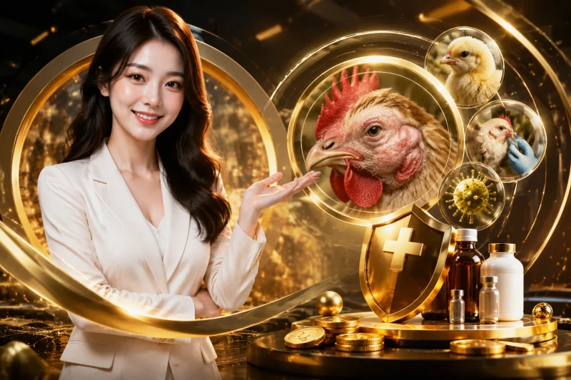 Hình ảnh cận cảnh gà bị sưng phù đầu và chảy nước mắt, triệu chứng điển hình của bệnh hô hấp ở gà.