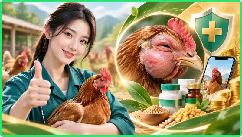 Hình ảnh cận cảnh gà bị sưng phù đầu và chảy nước mắt, triệu chứng điển hình của bệnh hô hấp ở gà.