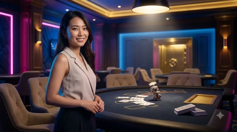 Minh họa khái niệm tilt trong poker với bàn chơi chiến thuật, thẻ bài và ánh sáng điện ảnh