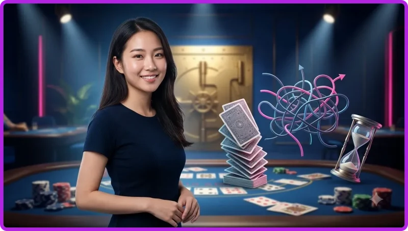 Minh họa khái niệm tilt trong poker với bàn chơi chiến thuật, thẻ bài và ánh sáng điện ảnh