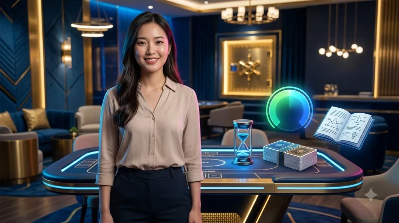 Minh họa phương pháp hiệu quả nhất để kiểm soát tilt trong poker với bàn chơi gọn gàng và ánh sáng tập trung